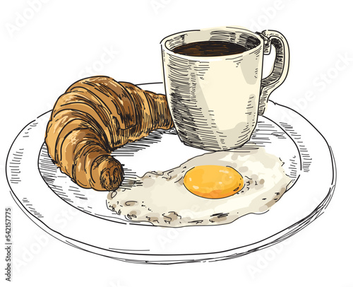 english morning eggs fried breakfast line drawing sketch on white background