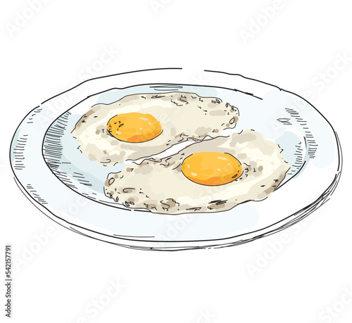 english morning eggs fried breakfast line drawing sketch on white background