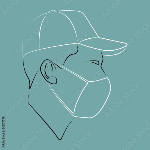 Silhouette of a guy. Portrait. Avatar. Icon. Facial contours. Man in a baseball cap. Linear male head. Man head silhouette. Flat colored Male illustration. Male head in the mask. Linear art.