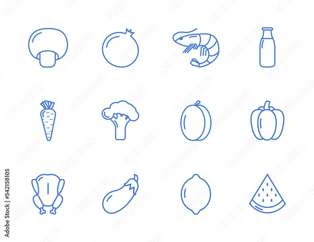 Healthy food set. 12 food line icons set. Blue icons of healthy food in outline style.Mushroom, pomegranate, shrimp, milk, carrot, broccoli, plum, bell pepper, chicken, eggplant, lemon, watermelon Healthy food set. 12 food line icons set. Blue icons of healthy food in outline style.Mushroom, pomegranate, shrimp, milk, carrot, broccoli, plum, bell pepper, chicken, eggplant, lemon, watermelon