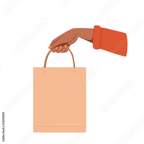 Woman hand holding paper bag. Concept of shopping and gift giving. Vector illustration