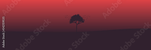 tree with flying bird silhouette in landscape vector illustration good for wallpaper  background  backdrop design  and design template