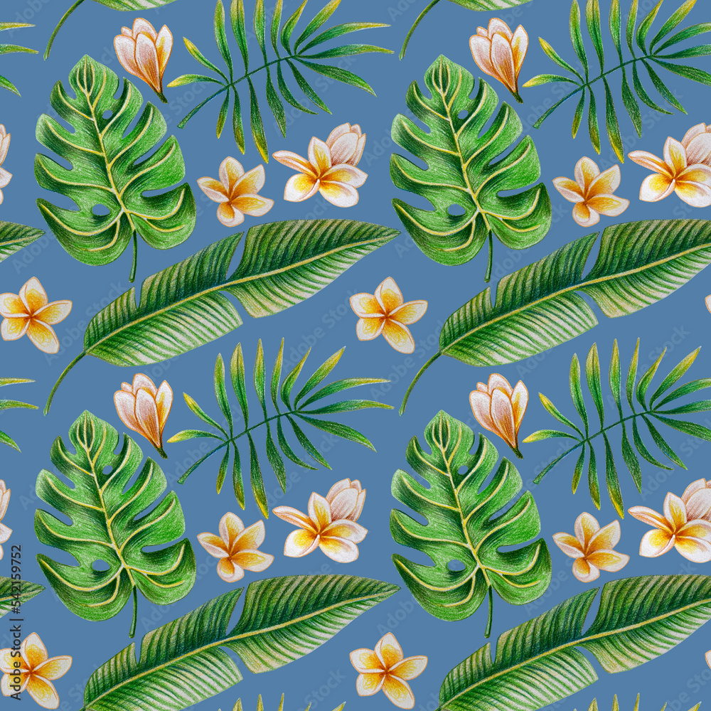 Naklejka premium Seamless pattern of tropical leaves and flowers drawn with colored pencils on a Steel Blue background. For fabric, sketchbook, wallpaper, wrapping paper.
