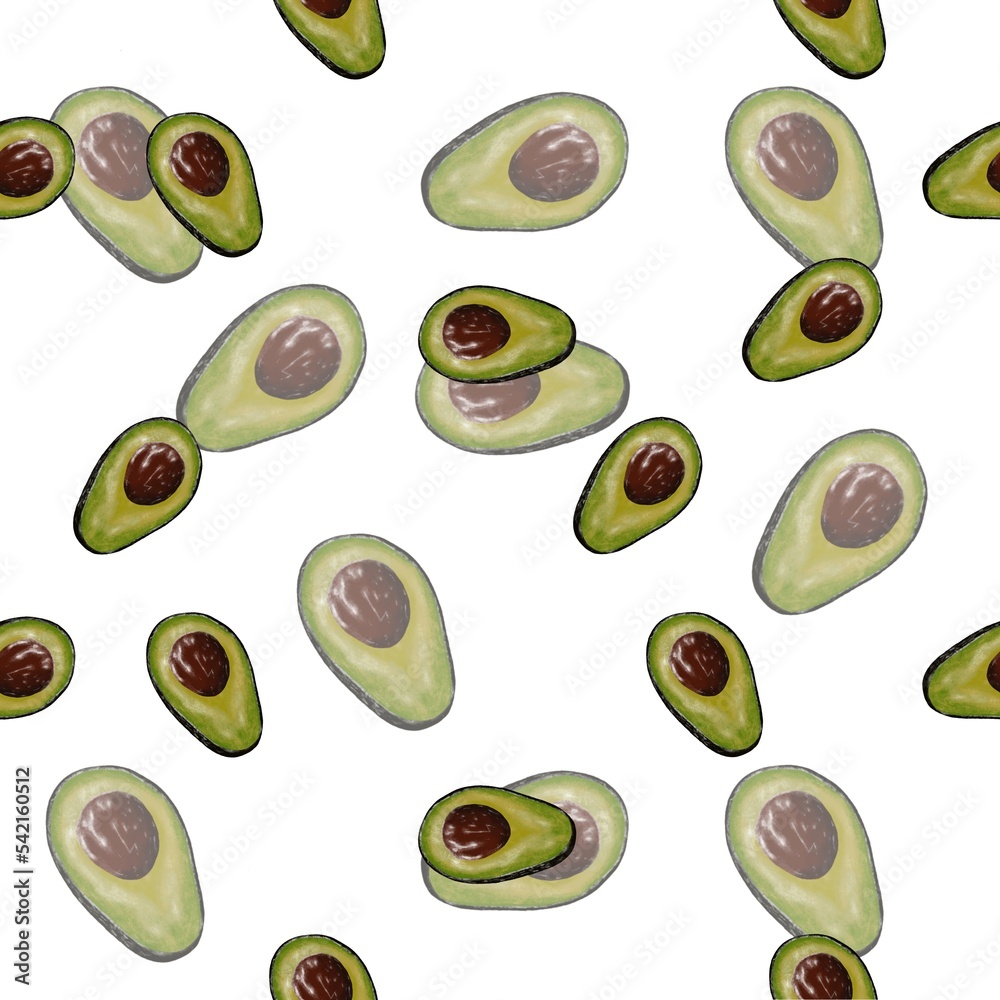 Seamless pattern with half avocado. Print on white background for menu design, stickers, books, nursing, paper, kitchen design. Seamless pattern with half avocado. Print on white background for menu design, stickers, books, nursing, paper, kitchen design.