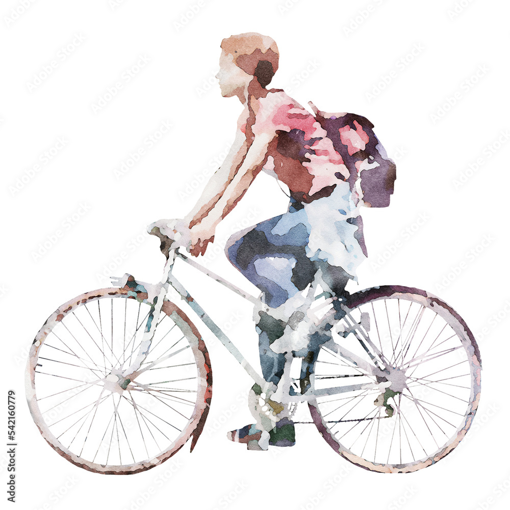 Girl riding a bicycle to school isolated in watercolor. Girl riding a bicycle to school isolated in watercolor.