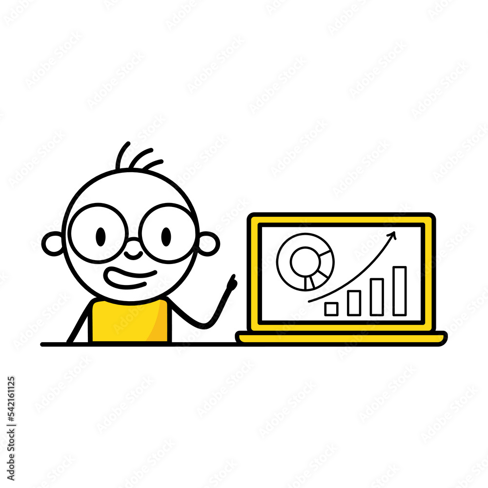 Man analyzes chart and graph data, working with data visualization on computer. Digital data analysis concept. Vector stock illustration Man analyzes chart and graph data, working with data visualization on computer. Digital data analysis concept. Vector stock illustration