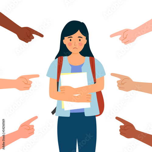 Sad student teenager surrounded by hands with index fingers. Accusation guilty concept vector in flat design. Public blame.