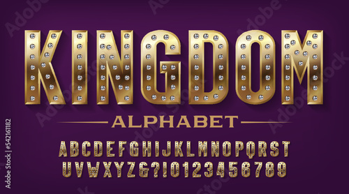 Kingdom alphabet font. Golden metal letters and numbers with diamonds. Stock vector typeface for your design.