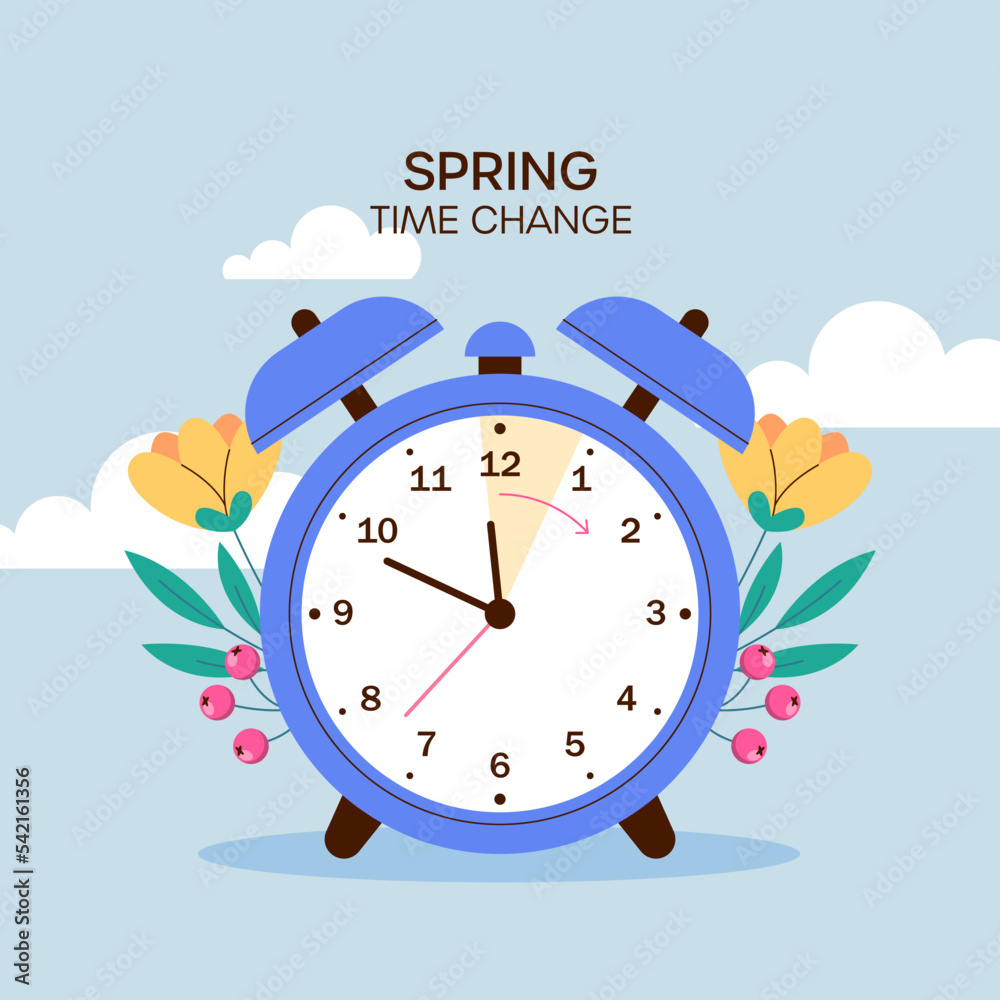 Flat spring forward illustration with clock	
