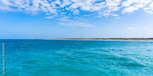 Panorama of the emerald Atlantic Ocean and the beach on the horizon in Florida in sunny weather © Sergey + Marina