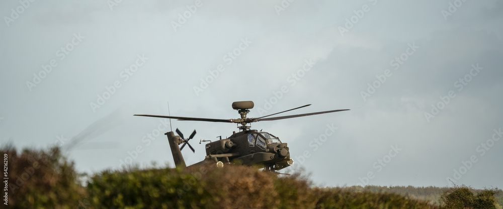 Fototapeta premium close-up front quarter profile view of a British army Boeing Apache Attack helicopter (AH-64E ZM707 ArmyAir606) hovering low behind hedge cover