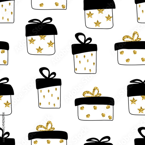Sketch Doodle Gift Boxes Black and Gol Glitter Seamless Pattern