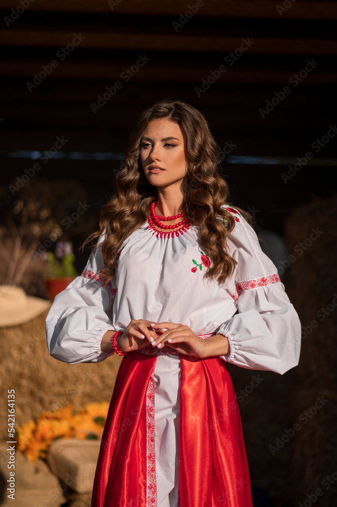 Ukrainian young girl in traditional national folk women's costume. Ukraine is independent. Ukrainian girl in the village