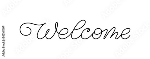 Welcome thin line calligraphic phrase. Invitation card monoline, home decor linear inscription. Swashes editable stroke lettering housewarming banner header, scrapbook stamp, foil diy signboard title