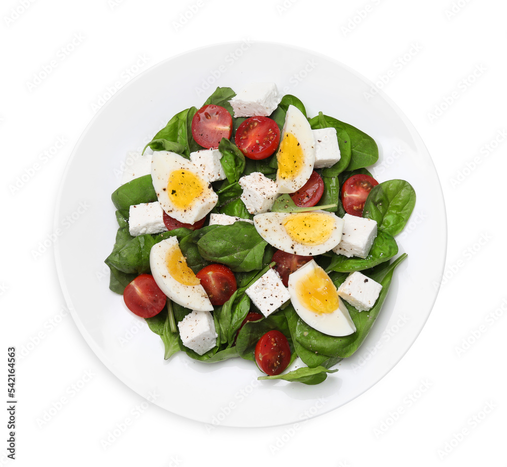Delicious salad with boiled eggs, feta cheese and tomatoes isolated on white, top view Delicious salad with boiled eggs, feta cheese and tomatoes isolated on white, top view
