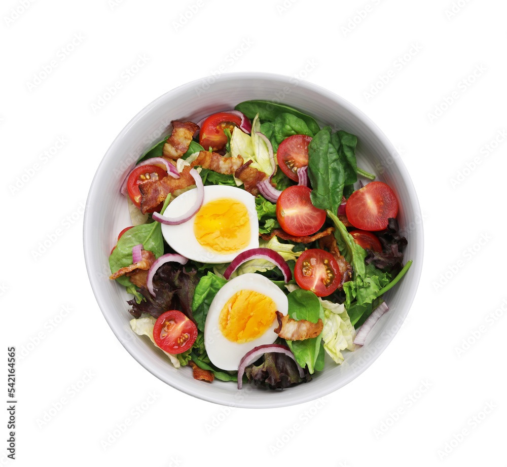 Delicious salad with boiled egg, bacon and vegetables in bowl isolated on white, top view
