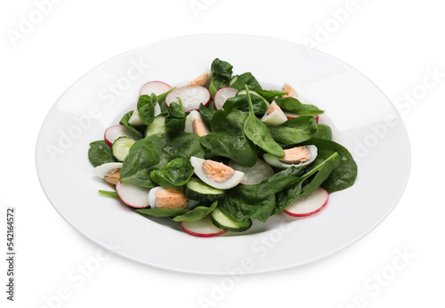 Delicious salad with boiled eggs, radish and spinach isolated on white