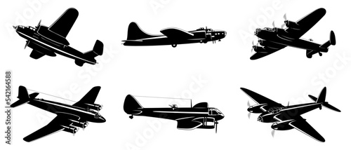WWII Bombers silhouettes collection isolated on white. Volume 1. Vector cliparts. photo