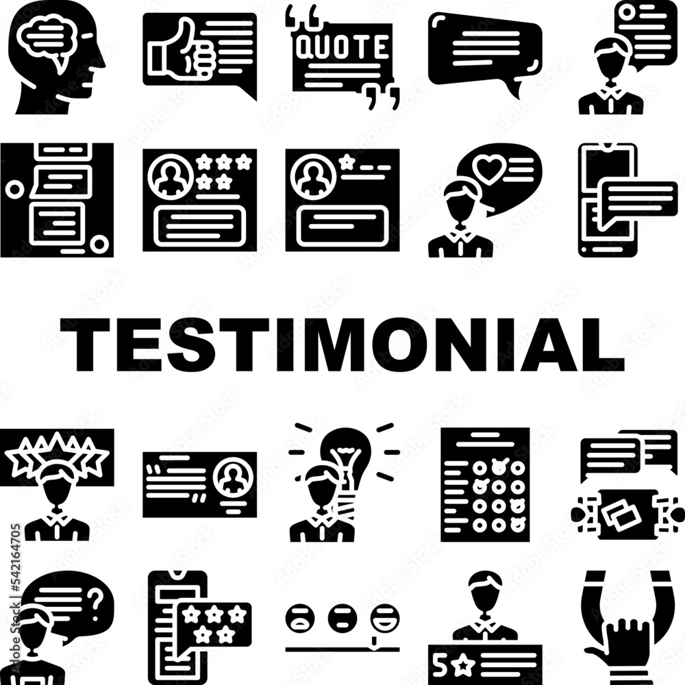testimonial feedback quote icons set vector. business comment, speech web, graphic chat, quotation bubble, information banner testimonial feedback quote glyph pictogram Illustrations testimonial feedback quote icons set vector. business comment, speech web, graphic chat, quotation bubble, information banner testimonial feedback quote glyph pictogram Illustrations