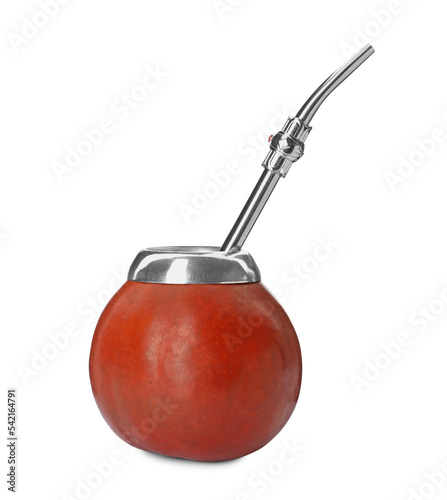 Calabash with mate tea and bombilla on white background