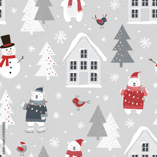 Christmas seamless pattern with polar bear, snowman, snowy house, christmas tree and snowflakes. Flat style.