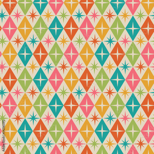 Mid century modern atomic starburst on retro diamond shapes seamless pattern in teal, green, orange, pink  and yellow. For home décor, textile and fabric 