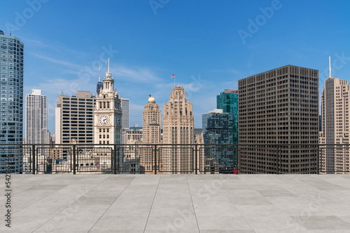 Skyscrapers Cityscape Downtown  Chicago Skyline Buildings. Beautiful Real Estate. Day time. Empty rooftop View. Success concept.