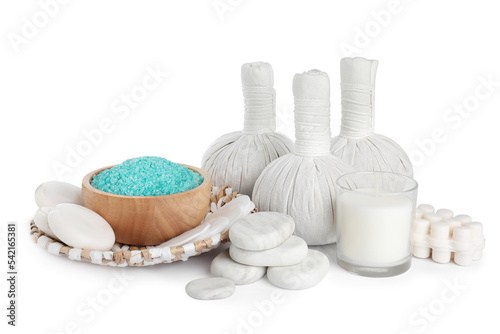 Beautiful spa composition with different body care products isolated on white
