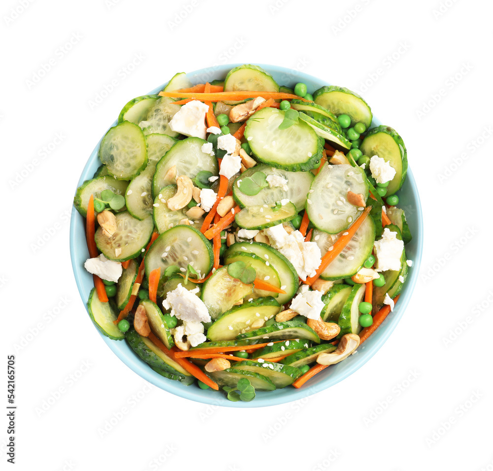 Bowl of delicious cucumber salad isolated on white, top view Bowl of delicious cucumber salad isolated on white, top view