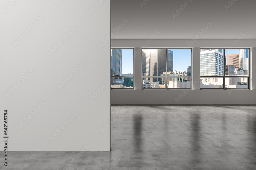 Obraz premium Downtown Los Angeles City Skyline Buildings from High Rise Window. Beautiful Expensive Real Estate overlooking. Empty room Interior. Mockup wall. Skyscrapers Cityscape. Day. California. 3d rendering.