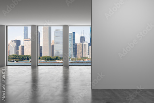 Downtown Chicago City Skyline Buildings Window background. Mock up copy space wall. Empty office room Interior Skyscrapers, View Lake Michigan waterfront. Cityscape. Day time. 3d rendering.