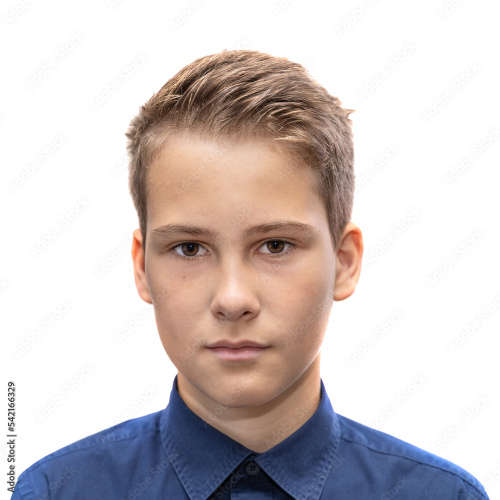 Head and shoulders portrait of a young 11 year old boy with brown eyes