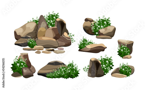 Collection of stones of various shapes and plants.Coastal pebbles,cobblestones,gravel,minerals and geological formations.Rock fragments,boulders and building material.Vector illustration.