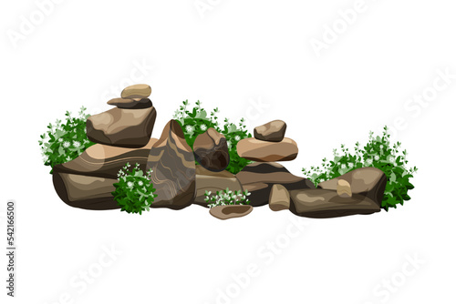 Collection of stones of various shapes and plants.Coastal pebbles,cobblestones,gravel,minerals and geological formations.Rock fragments,boulders and building material.Vector illustration.