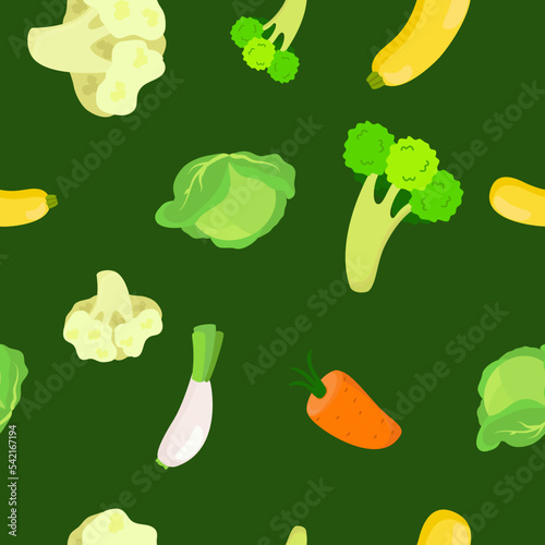 Seamless pattern vegetables carrots, broccoli, cauliflower on a green background. Vegetables in cartoon background for textile, packaging and kitchen design.