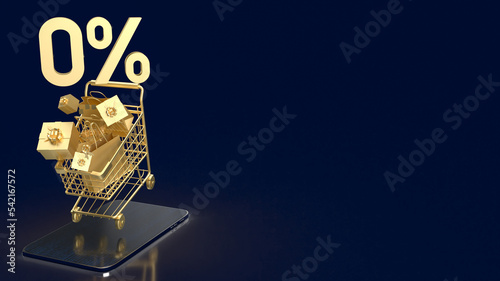 The gold zero percent on shopping cart for promotion concept 3d rendering