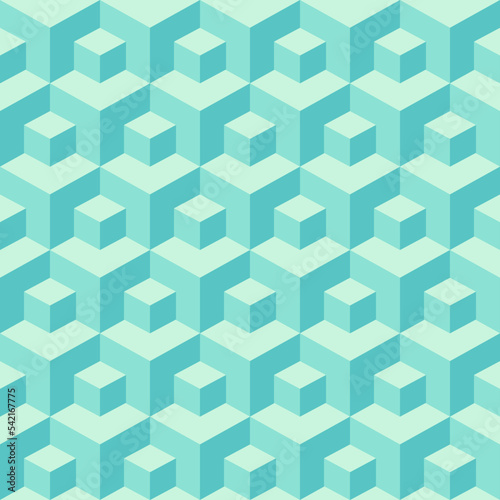 Seamless isometric pattern of small and large turquoise colored cubes. Vector geometric background