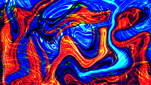 Colorful blending ink curves with glitches. Colorful marble like color mix abstract background. blue, red, turquoise