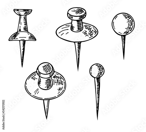 Hand drawn push pins, vector doodle navigation pins set. Pointer of location on the map. Track location vector icon