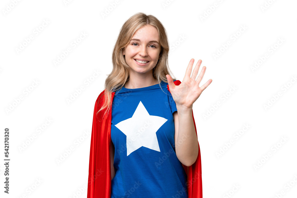 Super Hero English woman over isolated background counting five with fingers Super Hero English woman over isolated background counting five with fingers