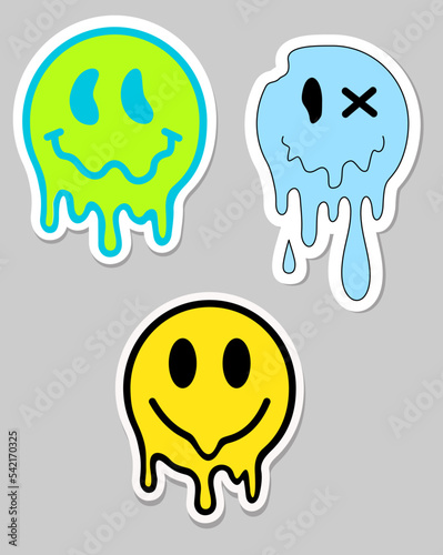 Funny melt smile faces set collection. Melted smile faces in trippy acid rave style isolated on white. Psychedelic quirky cartoon face