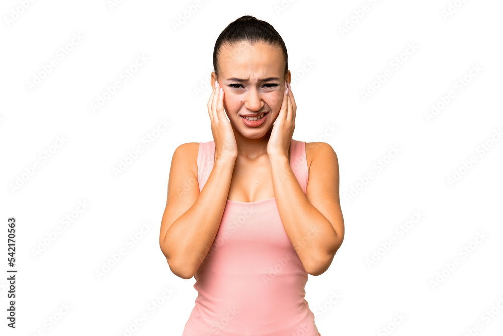 Young Arab woman over isolated background frustrated and covering ears Young Arab woman over isolated background frustrated and covering ears