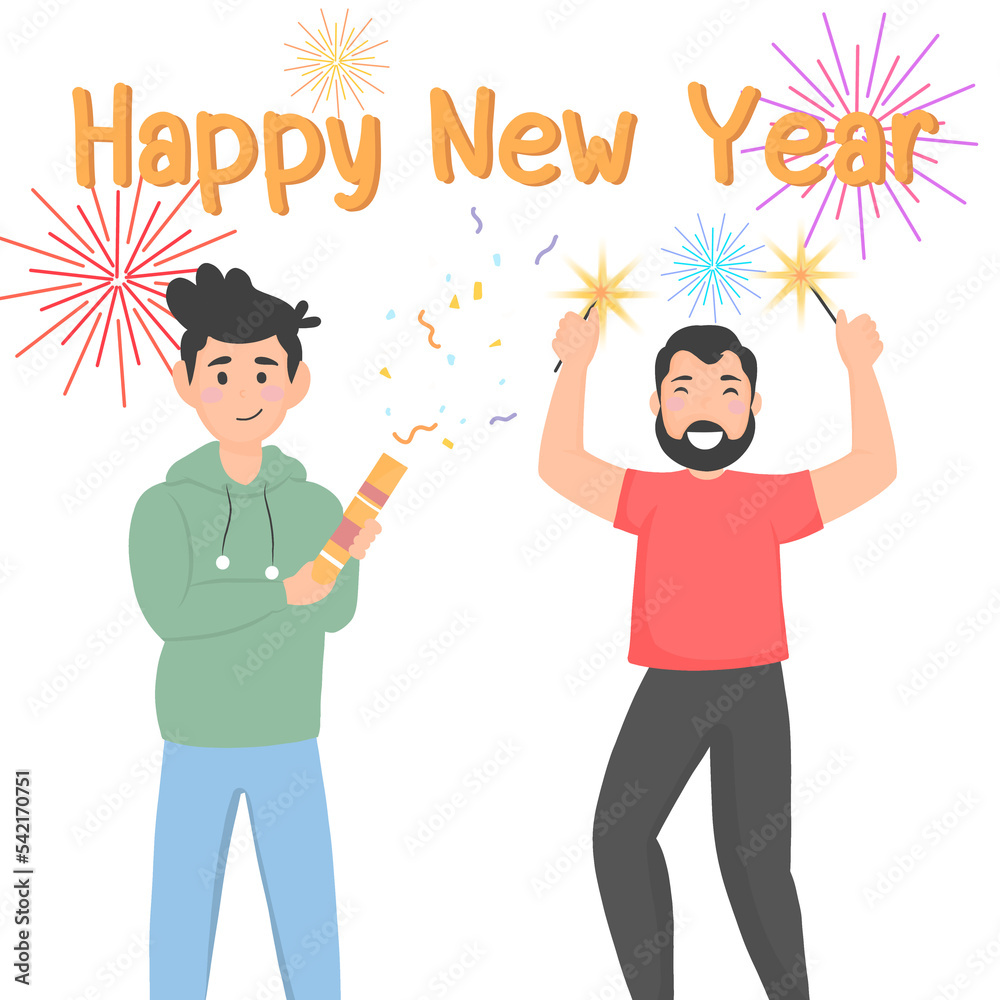 New year 2023 party people, two men celebrating and happy Christmas New year 2023 party people, two men celebrating and happy Christmas