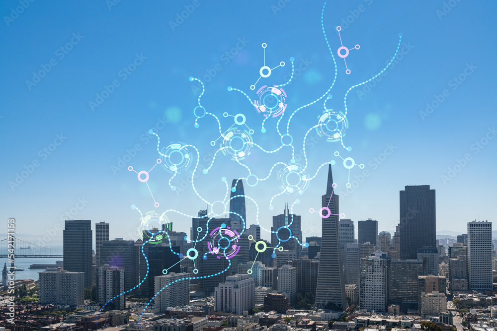 San Francisco skyline from Coit Tower to Financial District and residential neighborhoods, California, US. Artificial Intelligence concept, hologram. AI, machine learning, neural network, robotics