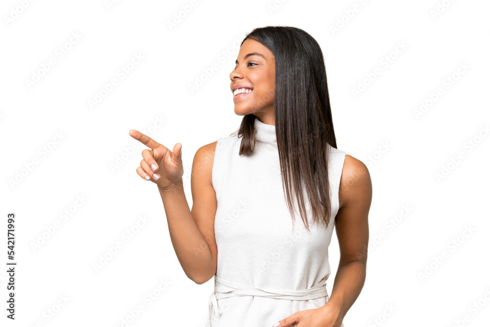 Young African american woman over isolated background pointing finger to the side and presenting a product Young African american woman over isolated background pointing finger to the side and presenting a product