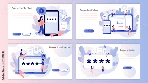 Duo authentication. Verification code message for secure login or sign in. Two factor verification. Screen template for landing page, template, ui, web, mobile app, poster, banner, flyer. Vector 
