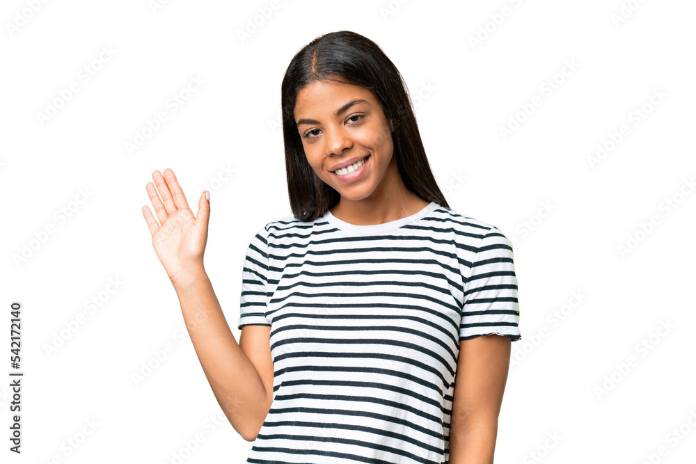Young African american woman over isolated background saluting with hand with happy expression Young African american woman over isolated background saluting with hand with happy expression