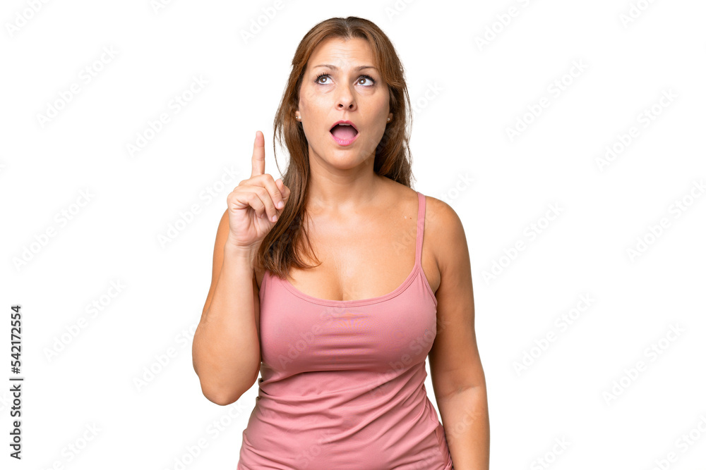 Middle-aged caucasian woman over isolated background thinking an idea pointing the finger up Middle-aged caucasian woman over isolated background thinking an idea pointing the finger up