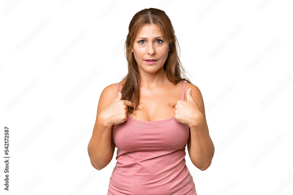 Middle-aged caucasian woman over isolated background with surprise facial expression Middle-aged caucasian woman over isolated background with surprise facial expression