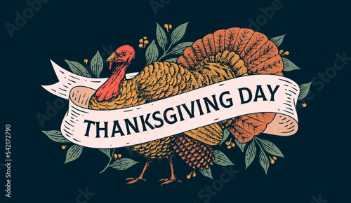 Turkey, Happy Thanksgiving. Retro greeting card with turkey, ribbon and text happy thanksgiving. Banner in engraving style for Happy Thanksgiving Day with traditional turkey. Vector Illustration